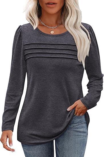 Autumn and winter round neck long sleeve chest tuck line pleated top
