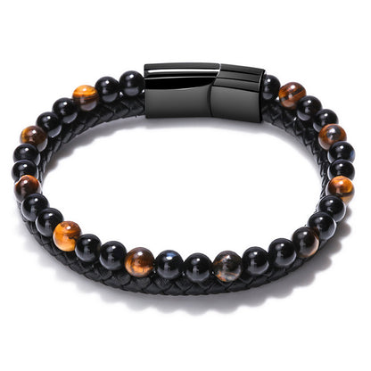 Volcanic Tiger Eye Beaded Natural Stone Bracelet Men's Cowhide Cord Bracelet