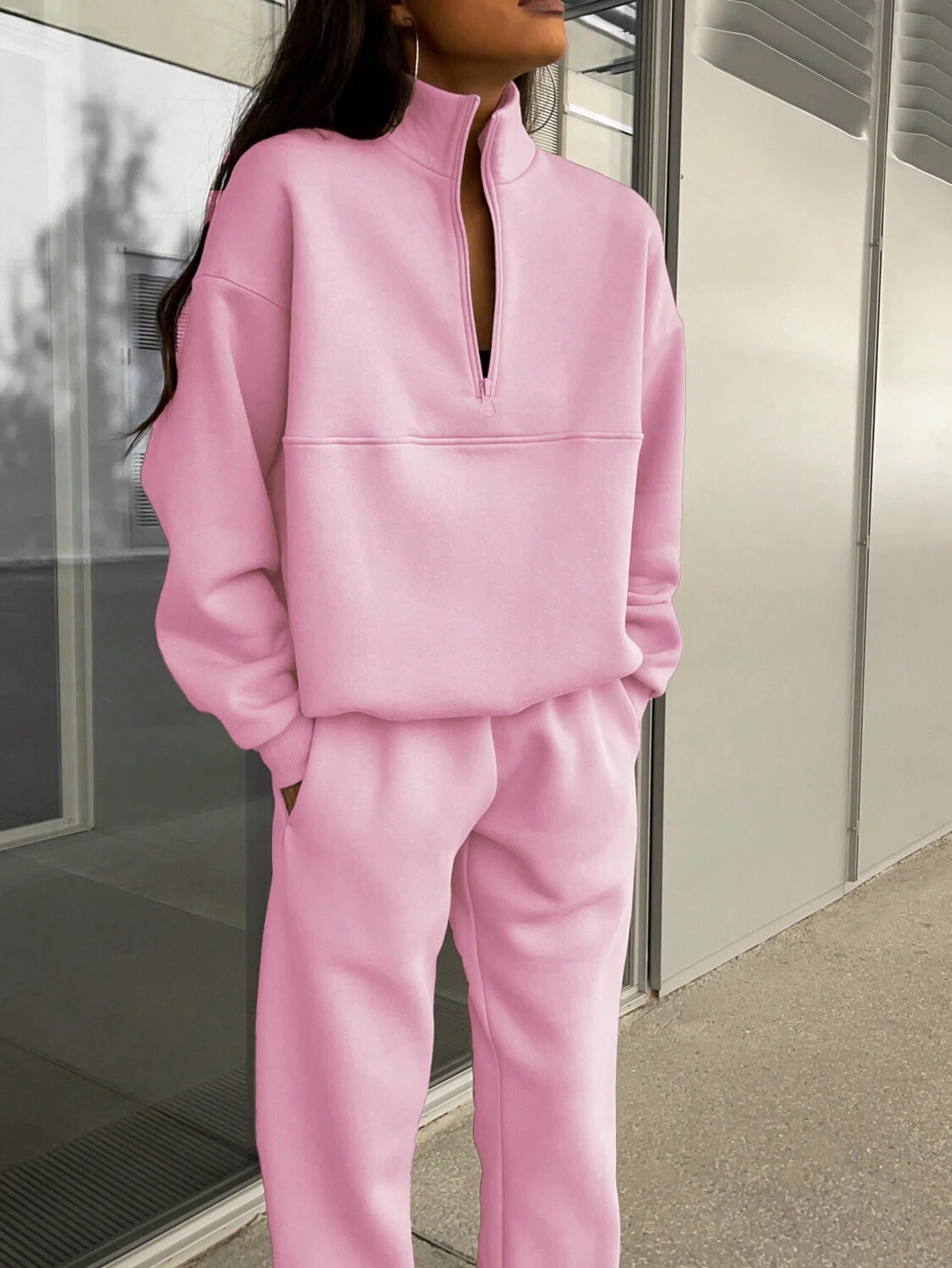 New autumn and winter fashion zipper lapel solid color casual two-piece suit