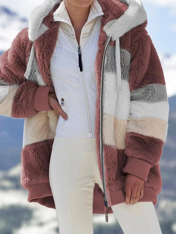 Women's autumn and winter loose plush multicolor hooded coat