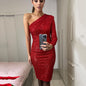 One Shoulder Dress Slant Neck Wrap Chest Evening Dress Fashion Sequins