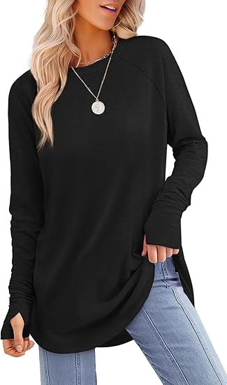 European and American women's round neck solid color long sleeve top