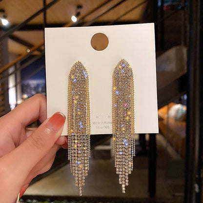 European and American popular diamond-encrusted metal long tassel earrings for women, high-end earrings with niche temperament