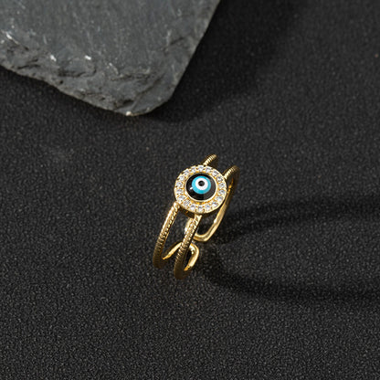 Copper zircon enamel oil drop ring for women evil eye retro pinky ring open ring