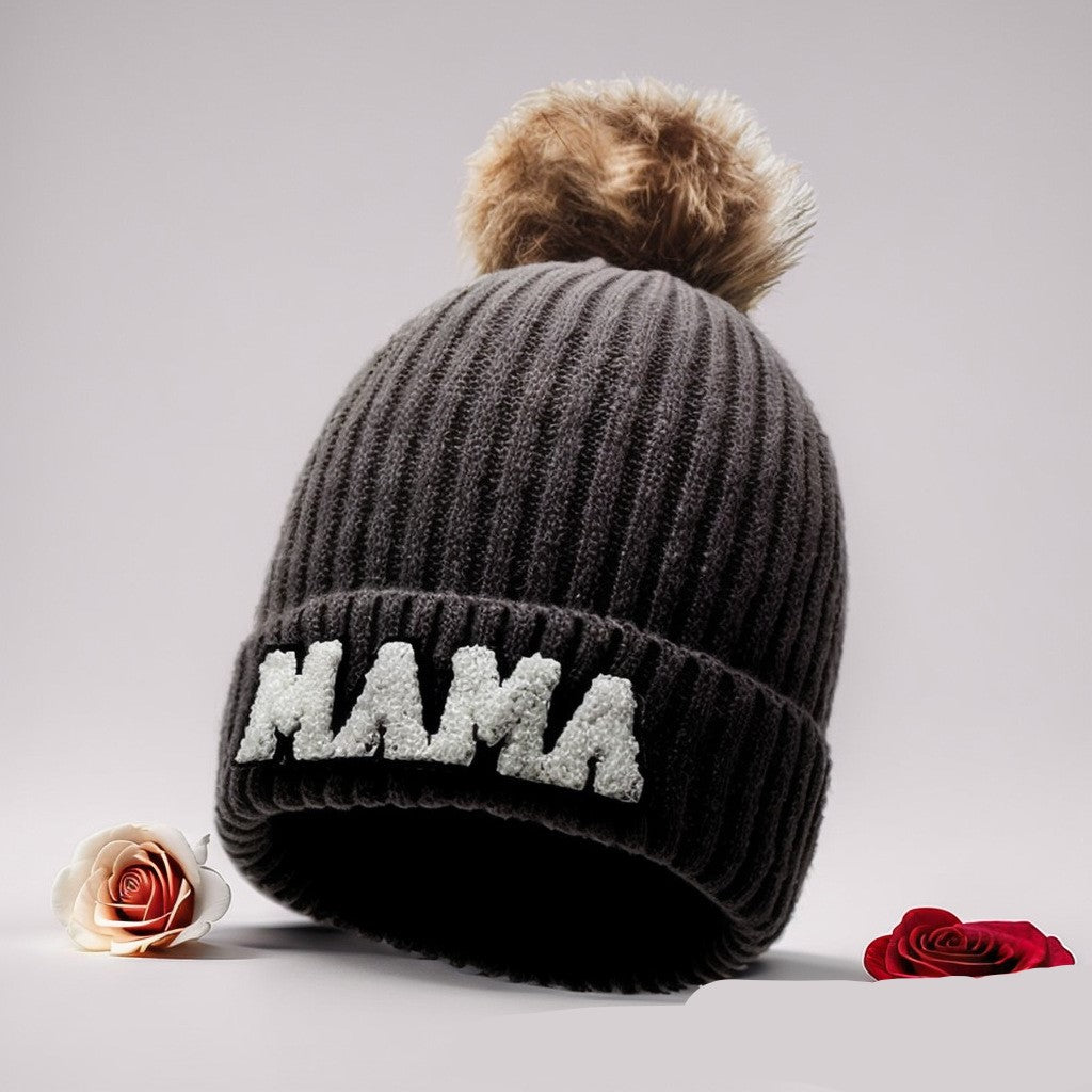 Letter MAMA wool hat winter European and American outdoor ski wool ball knitted hat warm hat