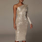 One Shoulder Dress Slant Neck Wrap Chest Evening Dress Fashion Sequins