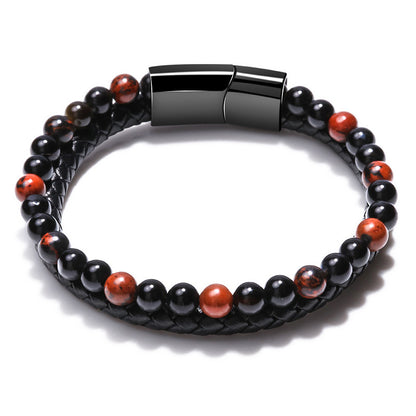 Volcanic Tiger Eye Beaded Natural Stone Bracelet Men's Cowhide Cord Bracelet