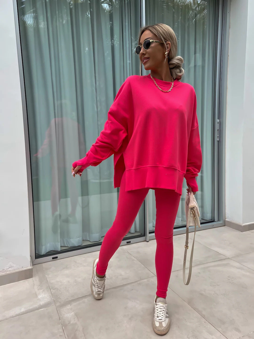 New Spring Sweater Suit Women European and American Casual Loose Long Sleeve Round Neck Split Top Tight Trousers