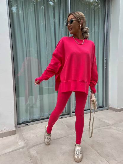 New Spring Sweater Suit Women European and American Casual Loose Long Sleeve Round Neck Split Top Tight Trousers