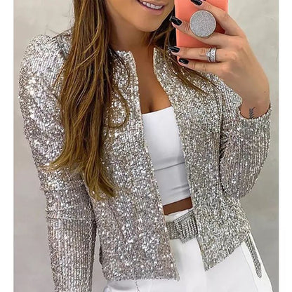 Spring new European and American women's fashion stand collar color matching sequined jacket short style casual