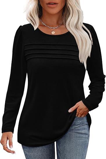 Autumn and winter round neck long sleeve chest tuck line pleated top