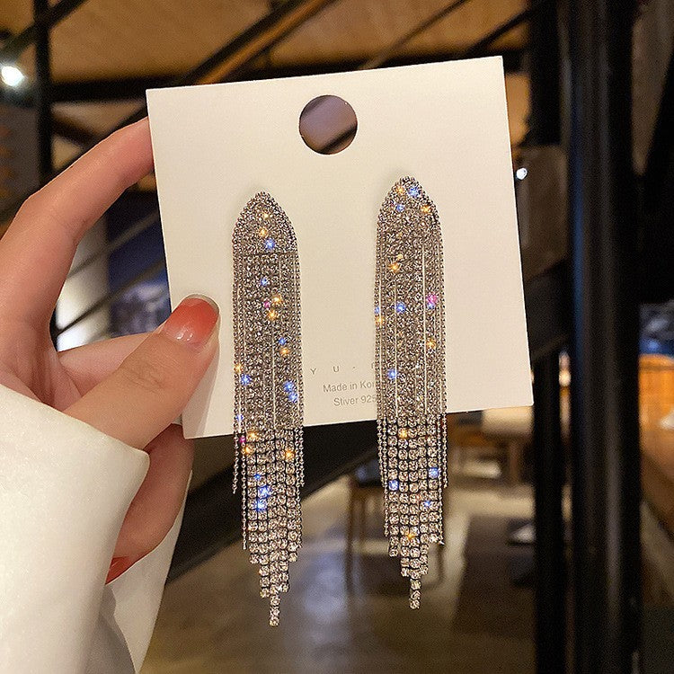 European and American popular diamond-encrusted metal long tassel earrings for women, high-end earrings with niche temperament