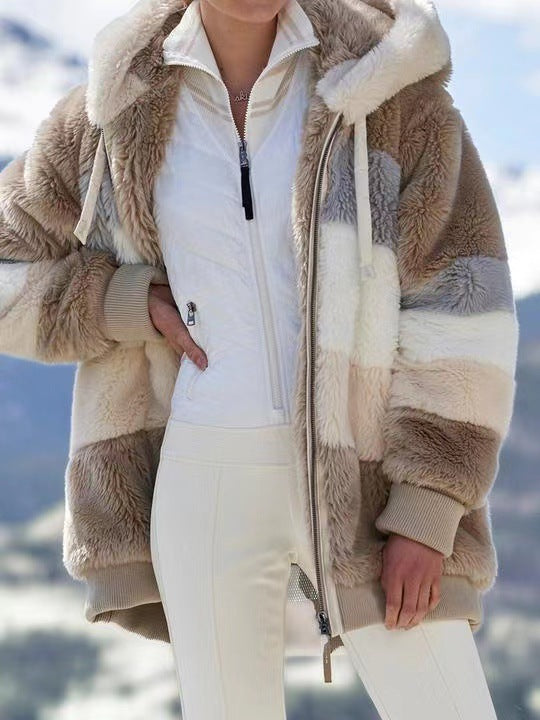 Women's autumn and winter loose plush multicolor hooded coat
