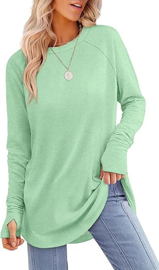 European and American women's round neck solid color long sleeve top