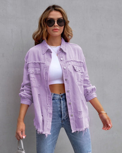 Women's ripped edge denim jacket autumn and winter long sleeve casual lapel top