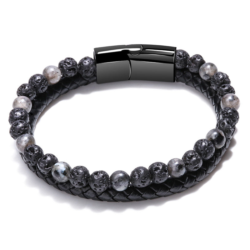 Volcanic Tiger Eye Beaded Natural Stone Bracelet Men's Cowhide Cord Bracelet