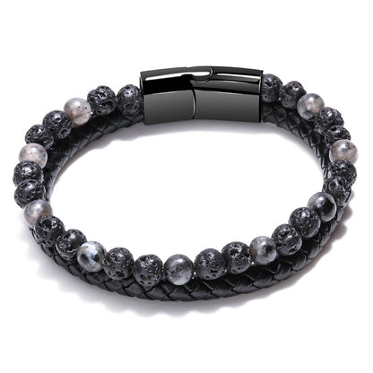 Volcanic Tiger Eye Beaded Natural Stone Bracelet Men's Cowhide Cord Bracelet