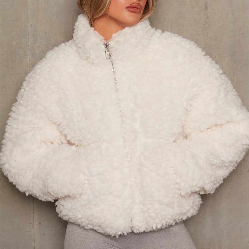 Autumn and winter European and American cross-border women's clothing Amazon new plush cardigan short jacket lamb wool coat women