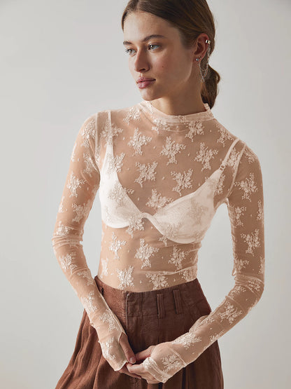 Women's see-through lace tops, mesh multi-color bottoming shirts, sexy hot girl trendy T-shirts