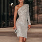 One Shoulder Dress Slant Neck Wrap Chest Evening Dress Fashion Sequins
