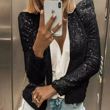 Spring new European and American women's fashion stand collar color matching sequined jacket short style casual
