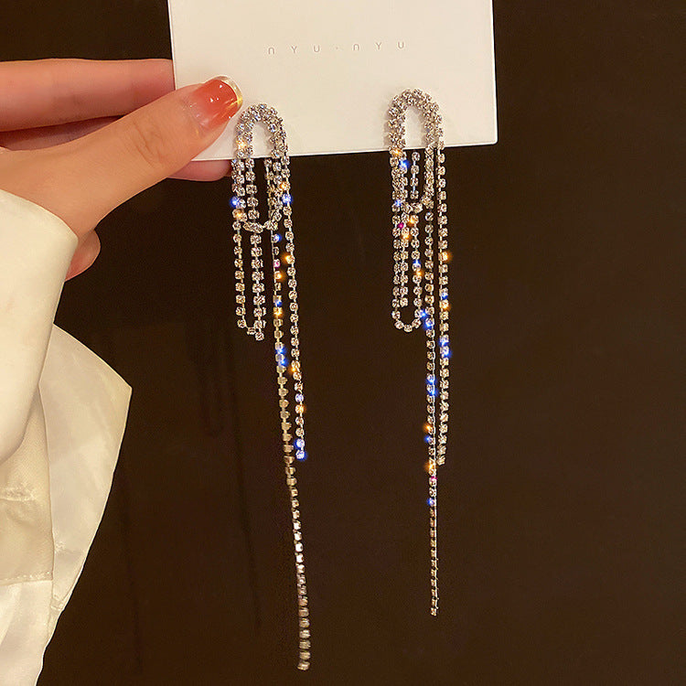 European and American popular diamond-encrusted metal long tassel earrings for women, high-end earrings with niche temperament