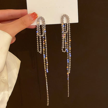 European and American popular diamond-encrusted metal long tassel earrings for women, high-end earrings with niche temperament