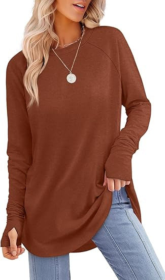 European and American women's round neck solid color long sleeve top