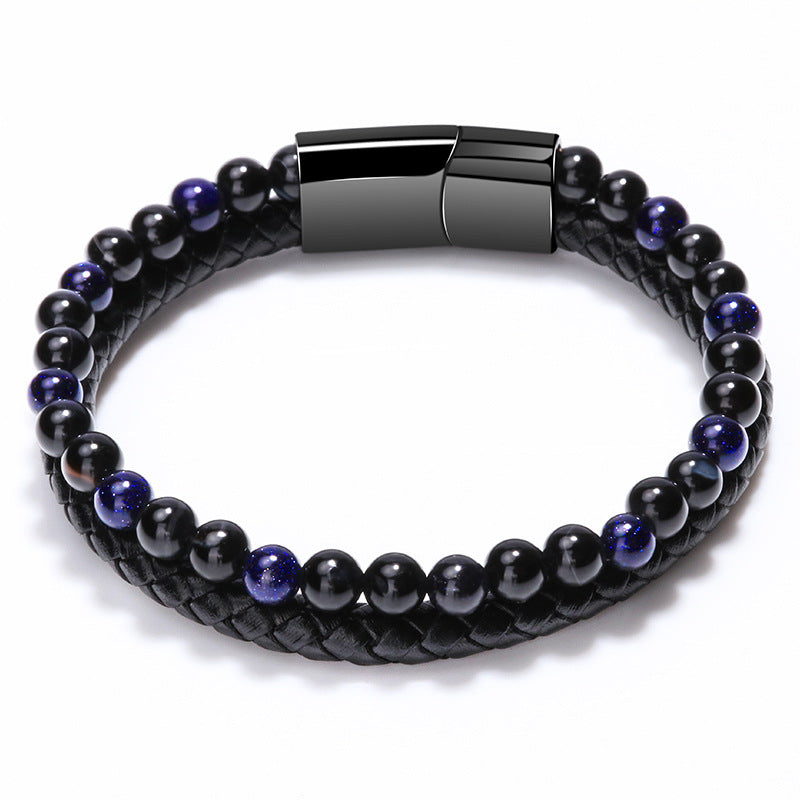 Volcanic Tiger Eye Beaded Natural Stone Bracelet Men's Cowhide Cord Bracelet