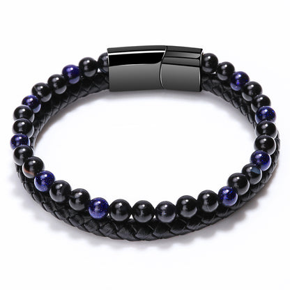Volcanic Tiger Eye Beaded Natural Stone Bracelet Men's Cowhide Cord Bracelet