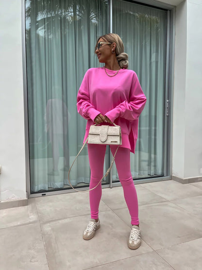 New Spring Sweater Suit Women European and American Casual Loose Long Sleeve Round Neck Split Top Tight Trousers