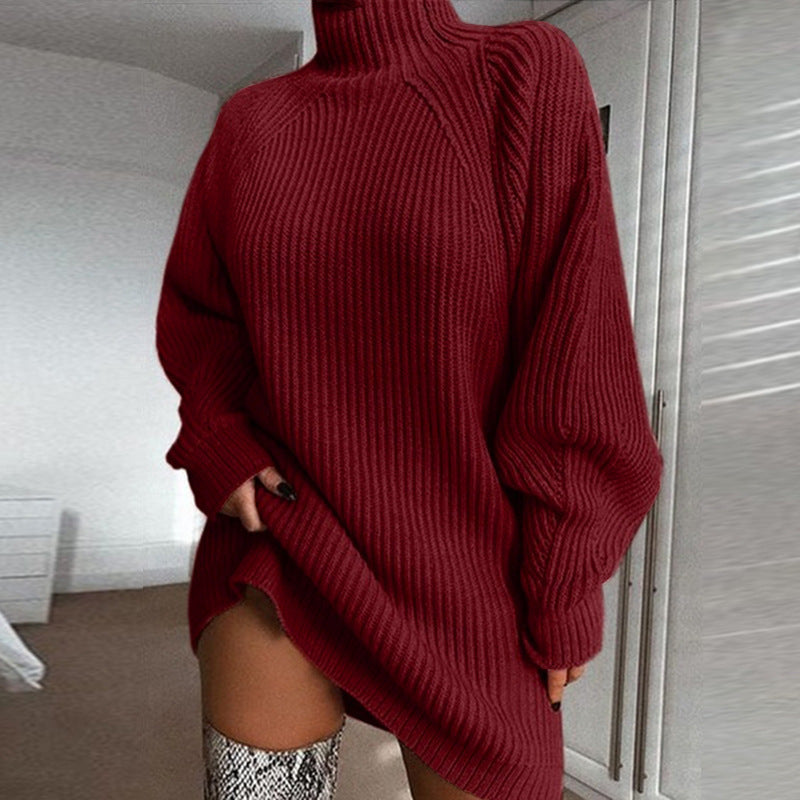 Women's sweater mid-length raglan sleeves half turtleneck women's sweater dress