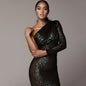 One Shoulder Dress Slant Neck Wrap Chest Evening Dress Fashion Sequins