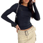 European and American clothing casual long-sleeved T-shirt spring and autumn solid color slim pullover T-shirt women's street wear bottoming shirt top