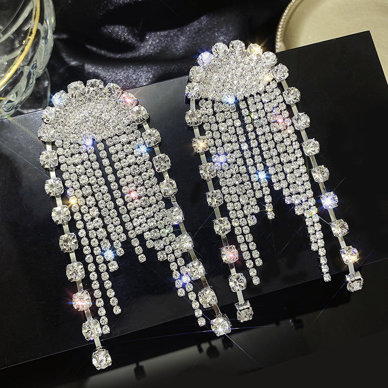 European and American popular diamond-encrusted metal long tassel earrings for women, high-end earrings with niche temperament