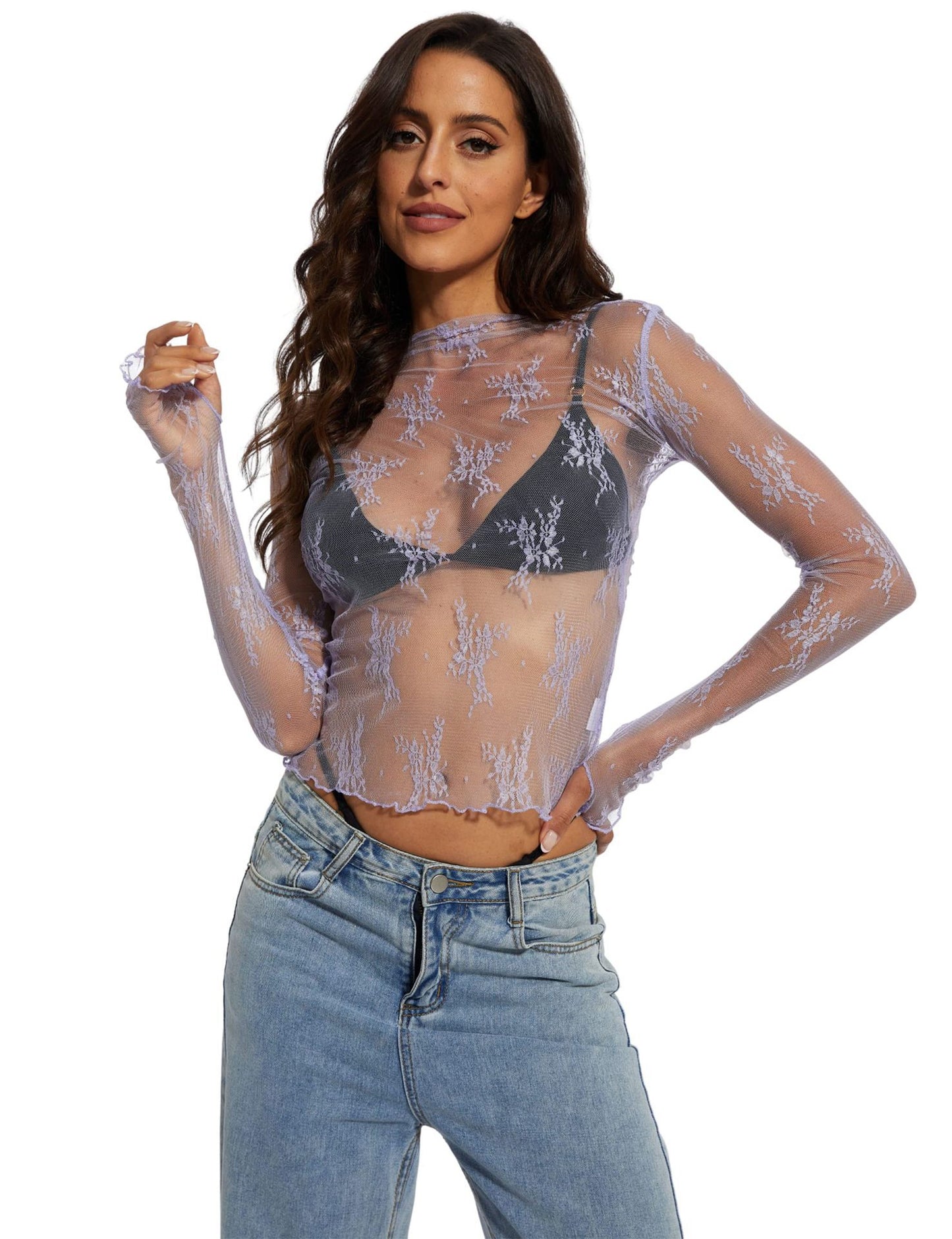 Women's see-through lace tops, mesh multi-color bottoming shirts, sexy hot girl trendy T-shirts