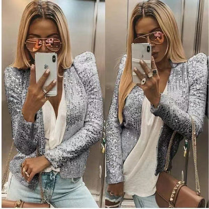 Spring new European and American women's fashion stand collar color matching sequined jacket short style casual