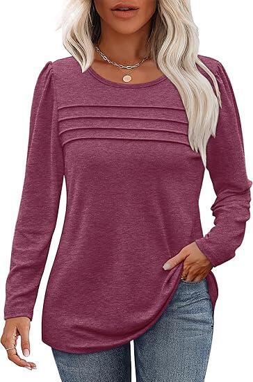 Autumn and winter round neck long sleeve chest tuck line pleated top