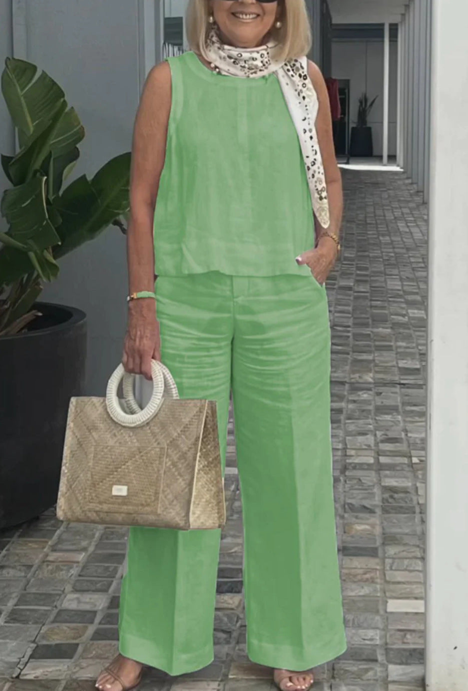 Cotton and linen suit European and American sleeveless top wide-leg trousers two-piece suit