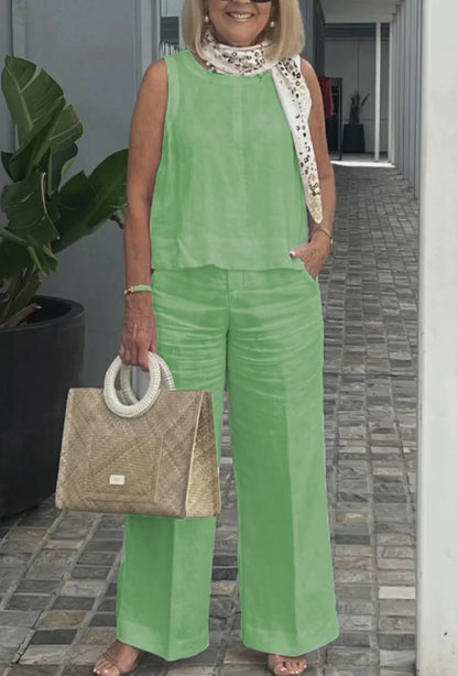 Cotton and linen suit European and American sleeveless top wide-leg trousers two-piece suit