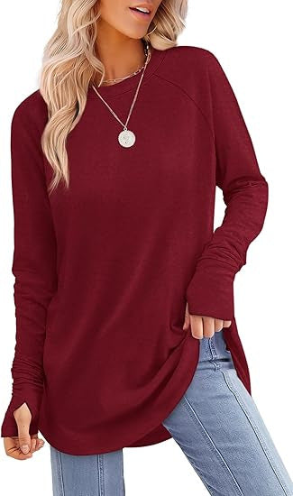 European and American women's round neck solid color long sleeve top