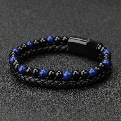 Volcanic Tiger Eye Beaded Natural Stone Bracelet Men's Cowhide Cord Bracelet