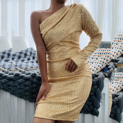 One Shoulder Dress Slant Neck Wrap Chest Evening Dress Fashion Sequins