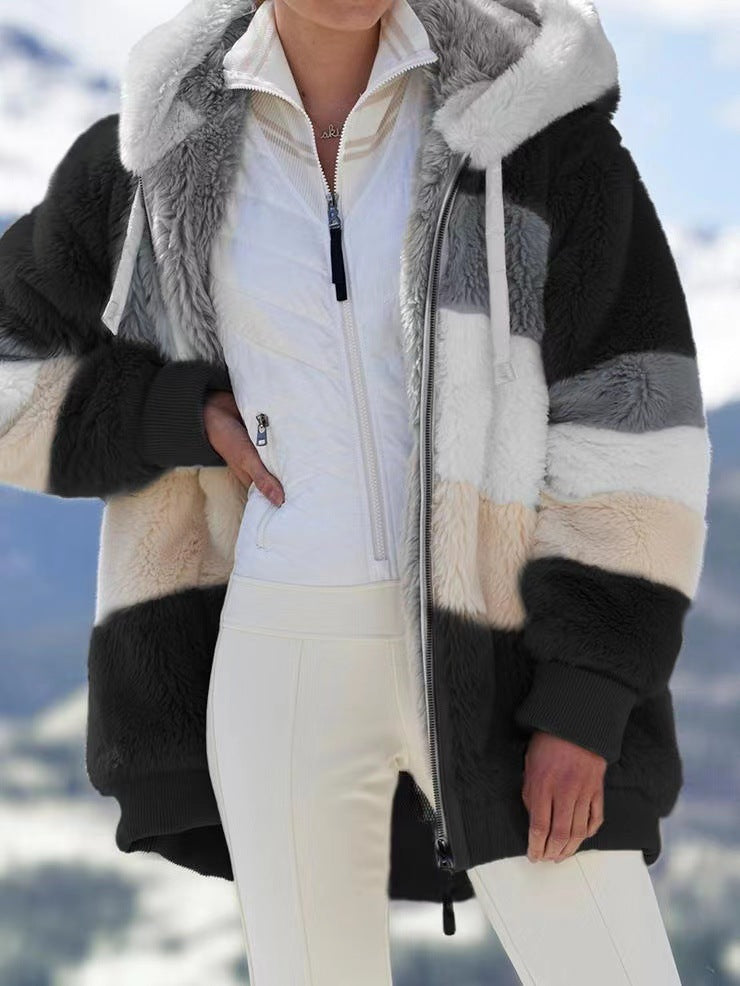 Women's autumn and winter loose plush multicolor hooded coat