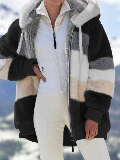 Women's autumn and winter loose plush multicolor hooded coat