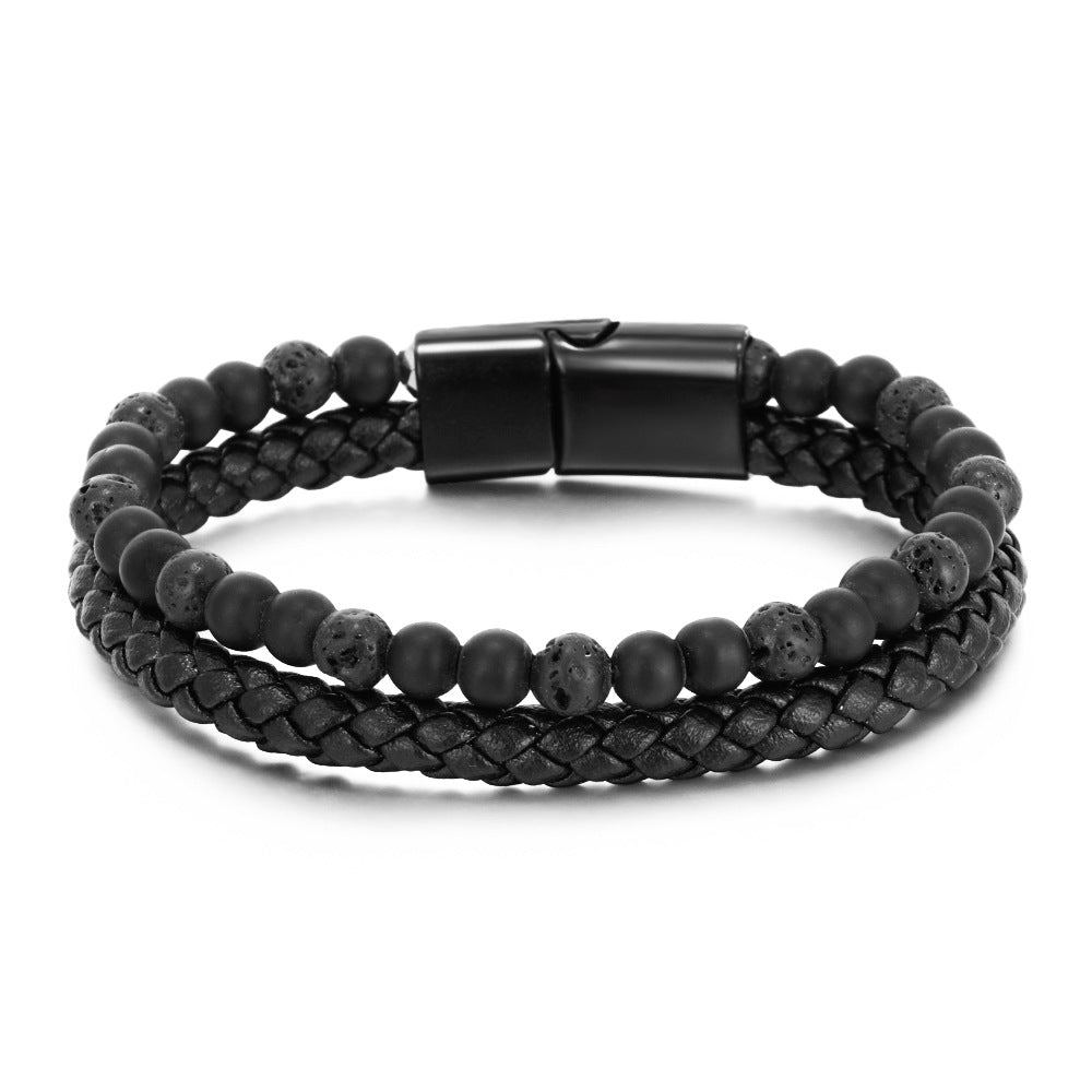 Volcanic Tiger Eye Beaded Natural Stone Bracelet Men's Cowhide Cord Bracelet
