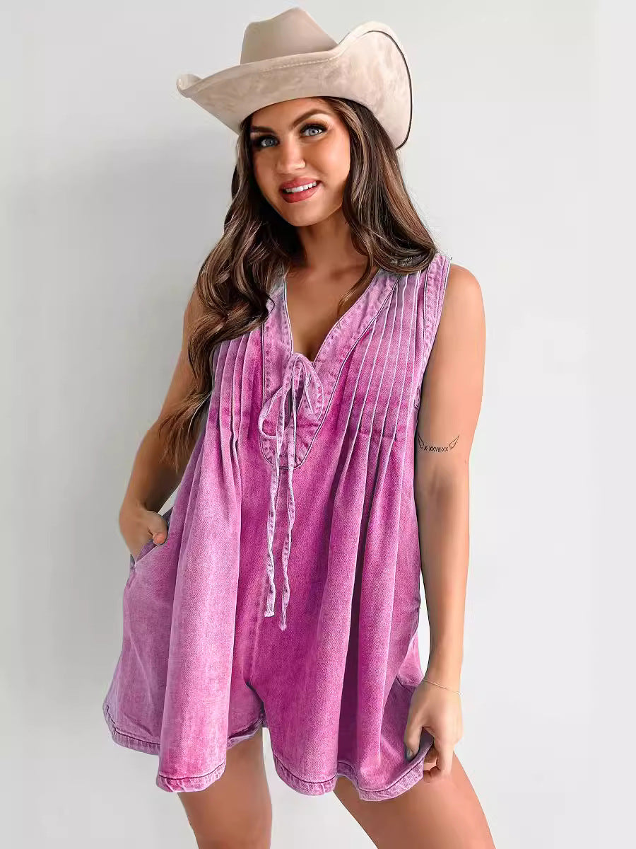 Street Fashion Sleeveless Short Sleeve Shorts Denim Bodysuit