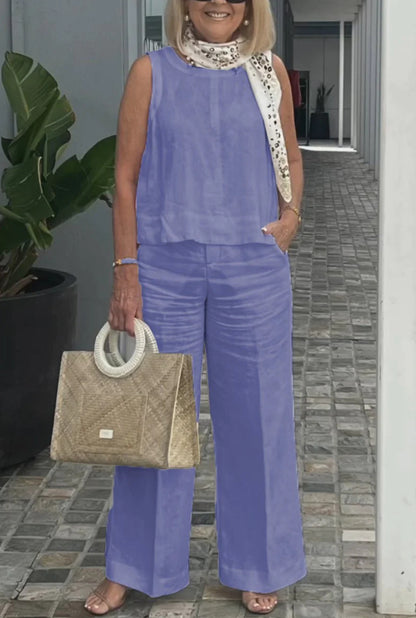 Cotton and linen suit European and American sleeveless top wide-leg trousers two-piece suit