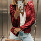 Spring new European and American women's fashion stand collar color matching sequined jacket short style casual