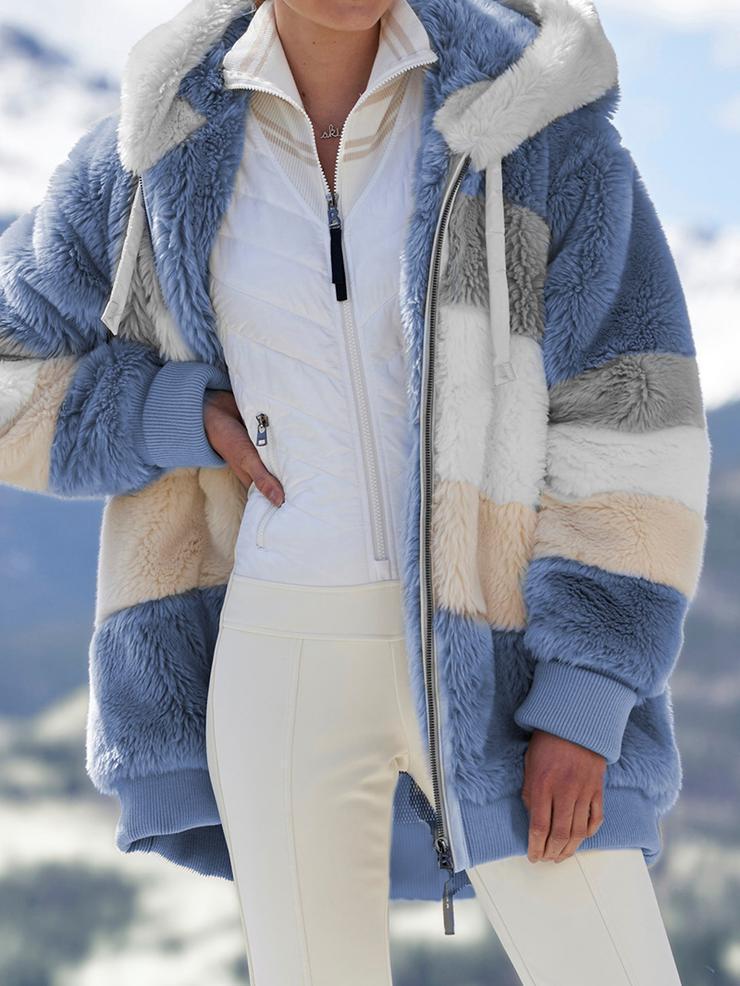 Women's autumn and winter loose plush multicolor hooded coat